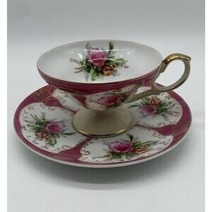 Vtg Lefton China Pedestal Tea Cup And Saucer Pink Rose Gold Accents Hand Painted